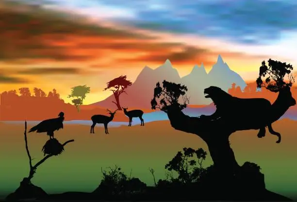 Vector illustration of Exotic landscape with tiger, antelopes and vulture on a tree