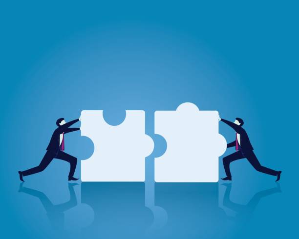 Two Businessman Working To Match Puzzle Together Vector illustration. Team work business concept. Two businessman working on to match puzzle. Pushing to connecting puzzles together. puzzle silhouettes stock illustrations