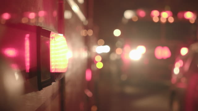Close-Up of Fire Engine with Warning Lights. Fire Truck at Night.