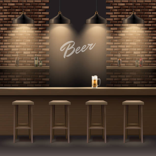 Bar, pub interior Vector bar, pub interior with brick walls, wooden counter, chairs, shelves, alcohol, mug of beer and lamps cafe bar counter stock illustrations