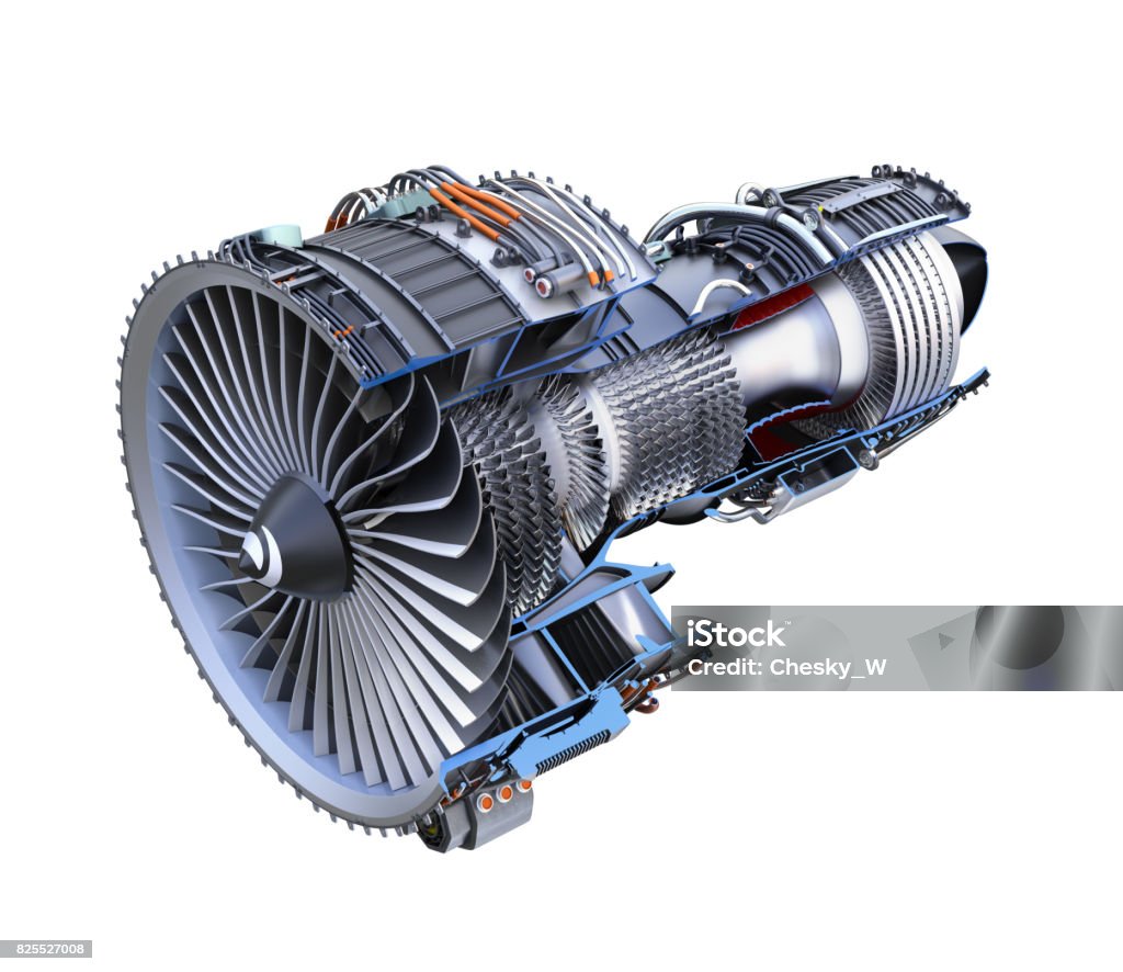 Cross section of turbofan jet engine isolated on white background Cross section of turbofan jet engine isolated on white background. 3D rendering image with clipping path. Jet Engine Stock Photo