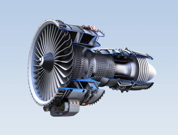 istock Cross section of turbofan jet engine isolated on light blue background 825527338