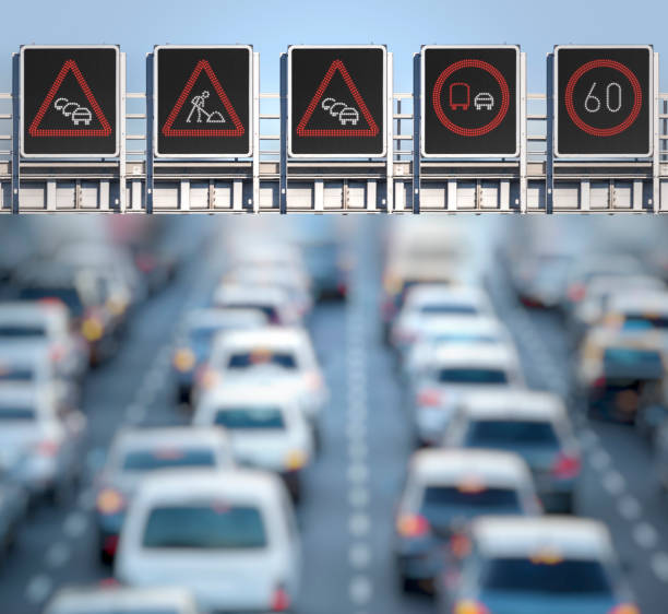 traffic jam on highway with cars and speed limit sign - traffic jam traffic germany car imagens e fotografias de stock