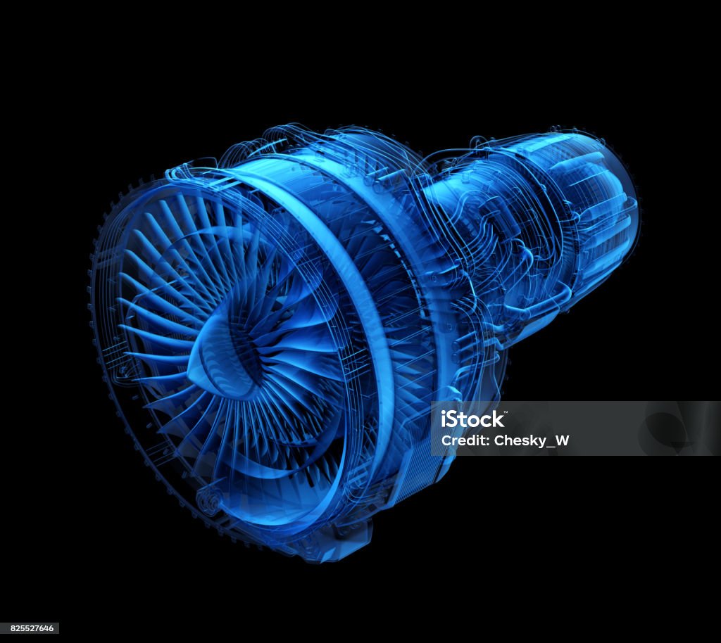 X-ray style turbofan jet engine isolated on black background X-ray style turbofan jet engine isolated on black background. 3D rendering image. Jet Engine Stock Photo