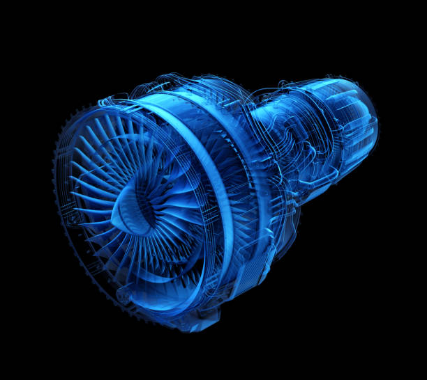 x-ray style turbofan jet engine isolated on black background - electric motor imagens e fotografias de stock