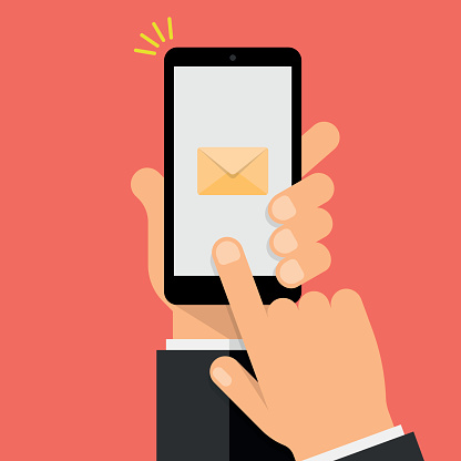 New Message Notification on smartphone screen. Hand holds the smartphone and finger touches screen. Modern Flat design illustration.