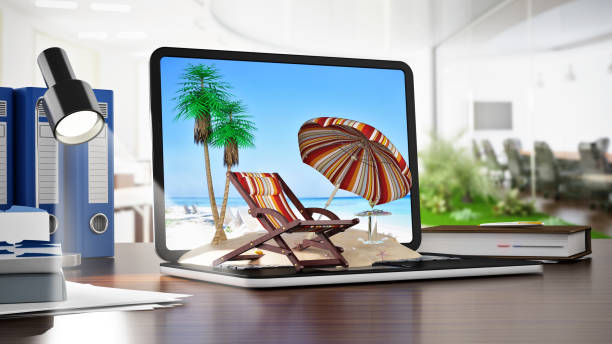 istock Umbrella, sunbed and plam trees on sand standing on notebook computer. Online travel destinations booking concept 825542476