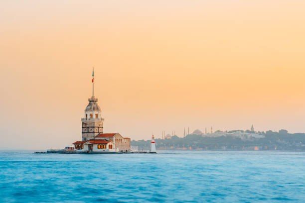 Maiden's tower on the Asian side of Istanbul. Beautiful view on Kiz Kulesi from Uskudar during sunset. maidens tower turkey photos stock pictures, royalty-free photos & images