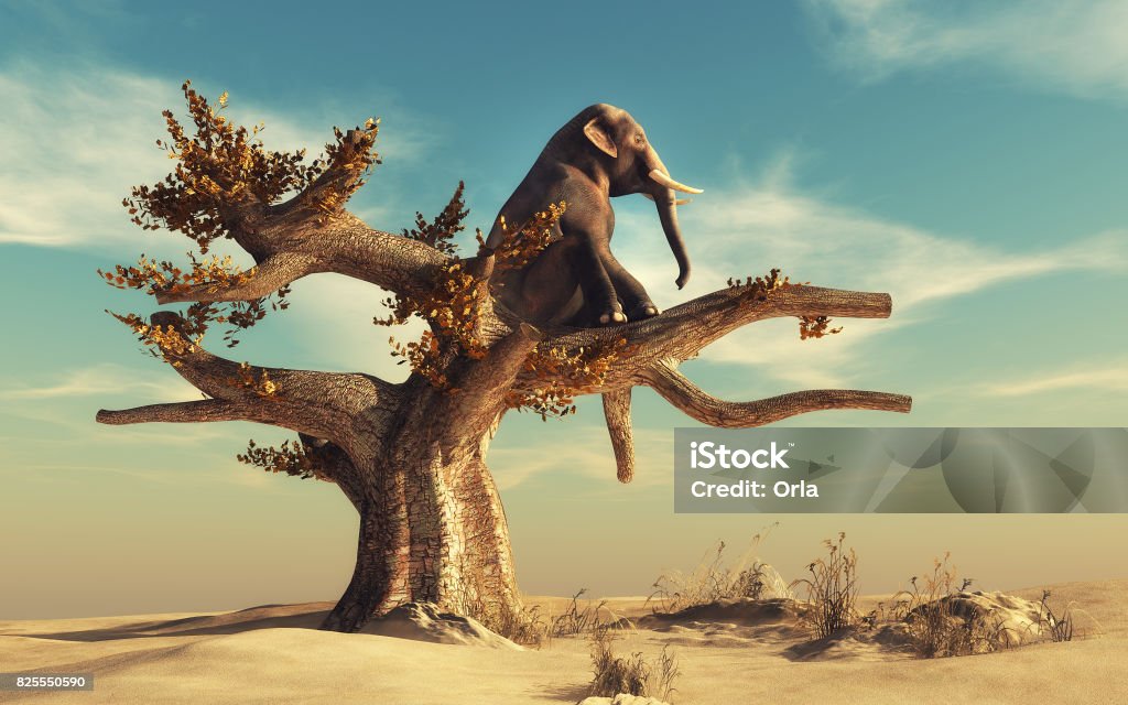 Elefante em uma árvore seca na paisagem surreal - Foto de stock de Elefante royalty-free