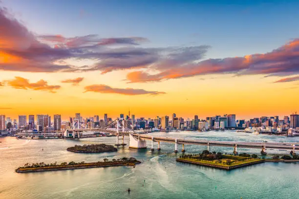 Tokyo, Japan skyline on the bay at dusk.