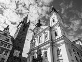 Black Tower and The Church of Virgin Mary's Immaculate Conception and St. Ignatus in Klatovy, Czech Republic. Black and white image