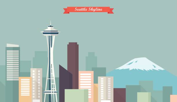 illustrations, cliparts, dessins animés et icônes de panorama de seattle  - seattle skyline cityscape space needle