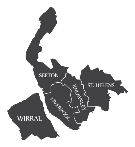 ilustrações, clipart, desenhos animados e ícones de merseyside metropolitano mapa de uk preto no condado de inglaterra com ilustração de etiquetas brancas - merseyside