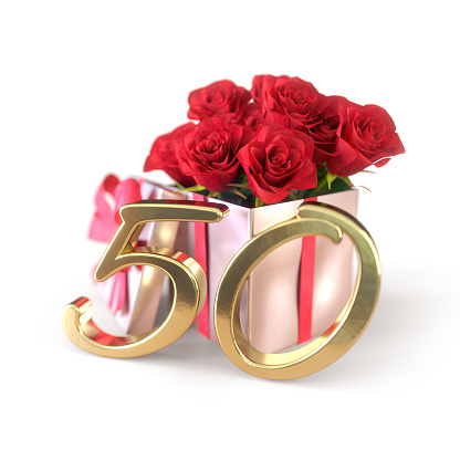 birthday concept with red roses in gift isolated on white background. 3D render - fiftieth birthday. 50th