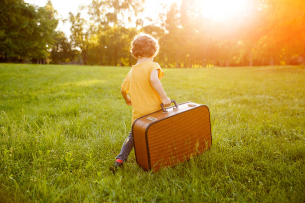 Kid carrying suitcase walking on grass stock photo