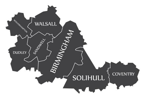 illustrazioni stock, clip art, cartoni animati e icone di tendenza di mappa nera della contea metropolitana delle west midlands inghilterra regno unito con illustrazione di etichette bianche - west midlands