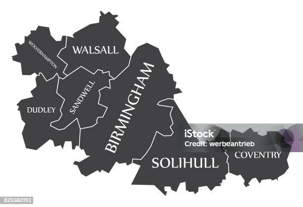 West Midlands Metropolitan County England Uk Black Map With White Labels Illustration Stock Illustration - Download Image Now