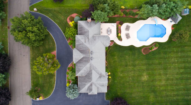 istock Large house and property from aerial shot, Straight down. Panoramic view 825584586