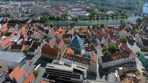 Ulm, Germany - September 18, 2012: View on Ulm, Danube river and Neu-Ulm from the tower of Ulm Minster. Ulm is primarily known for having the tallest church in the world - the Ulm Minster with height 161.5 metres (530 ft), and as the birthplace of Albert Einstein.