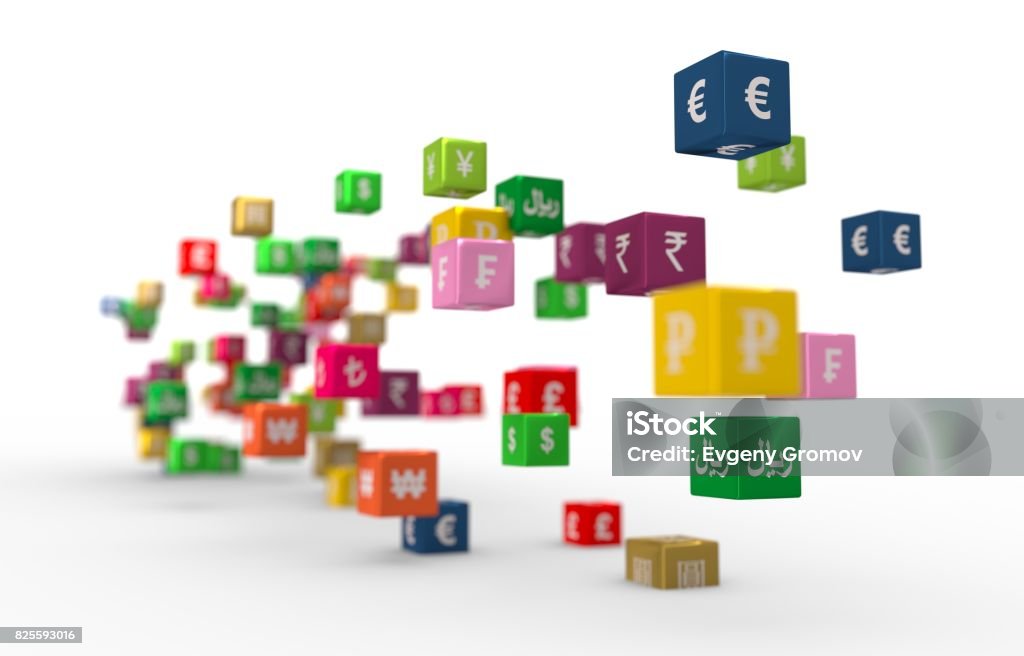 Currency symbols on floating boxes Currency symbols on vibrant multicolored plastic reflective cubes. Business concept. 3D rendering Banking Stock Photo