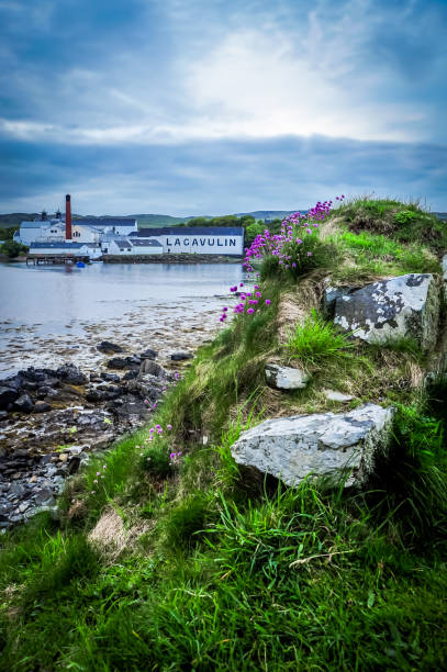 The Lagavulin Distillery Islay, Scotland, United Kingdom - June 2, 2014: Dramatic sky over the Lagavulin Distillery, Islay, Scotland, United Kingdom bowmore whisky stock pictures, royalty-free photos & images