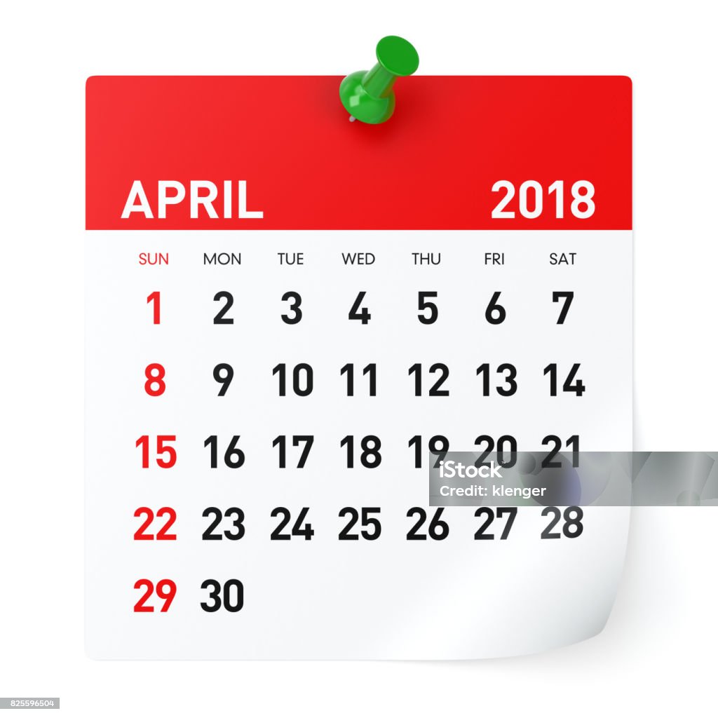 April 2018 - Calendar April 2018 - Calendar. Isolated on White Background. 3D Illustration Calendar Stock Photo