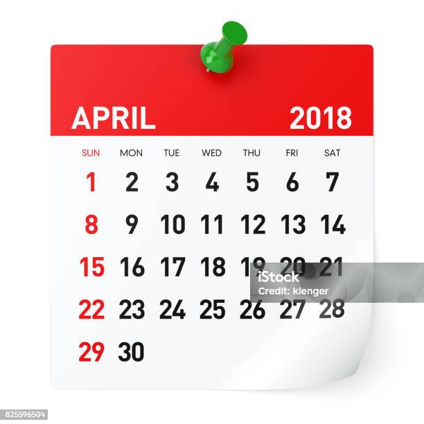 April 2018 Calendar Stock Photo - Download Image Now - Calendar, 2018, April