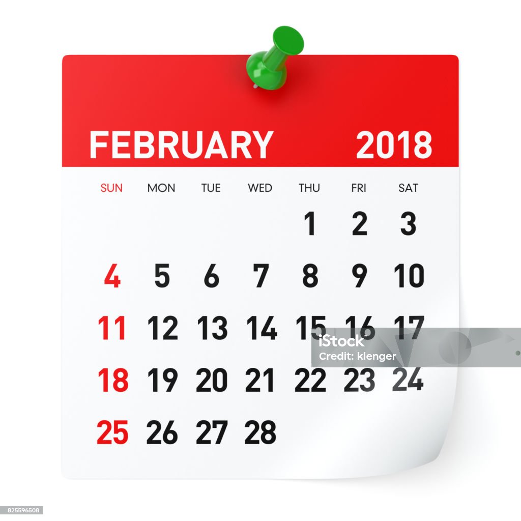 February 2018 - Calendar February 2018 - Calendar. Isolated on White Background. 3D Illustration Calendar Stock Photo