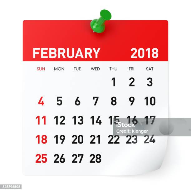 February 2018 Calendar Stock Photo - Download Image Now - Calendar, February, 2018