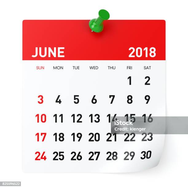 June 2018 Calendar Stock Photo - Download Image Now - June, 2018, Calendar