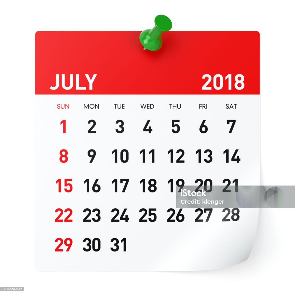 July 2018 - Calendar July 2018 - Calendar. Isolated on White Background. 3D Illustration 2018 Stock Photo