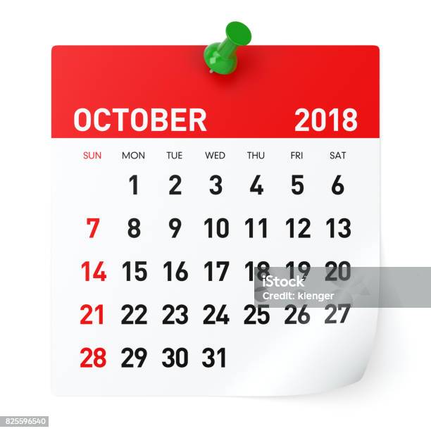 Photo libre de droit de Octobre 2018 Calendrier banque d'images et plus d'images libres de droit de Calendrier - Calendrier, Page - Livre, Sans personnage