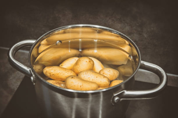 선택적 초점에 남 비를 요리 하는 금속에 뜨거운 물에 삶은 되 고 원시 감자의 클로즈업 - new potato raw potato freshness organic 뉴스 사진 이미지
