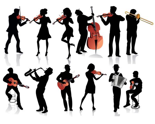 illustrazioni stock, clip art, cartoni animati e icone di tendenza di musicisti con un violino, una chitarra, una tromba, una fisarmonica. - plucking an instrument