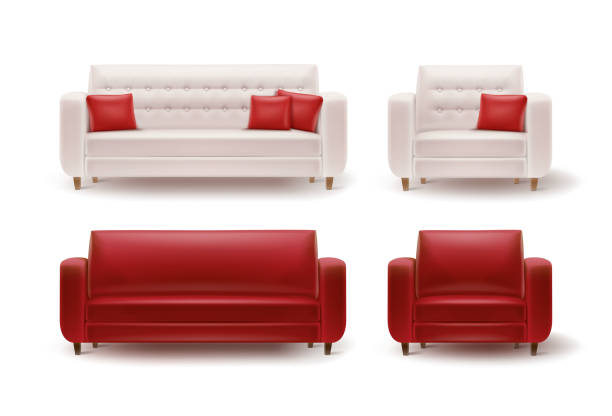 Set of armchairs with sofas Vector set of red, white armchairs with sofas and cushions front view isolated on white background red cushion covers stock illustrations