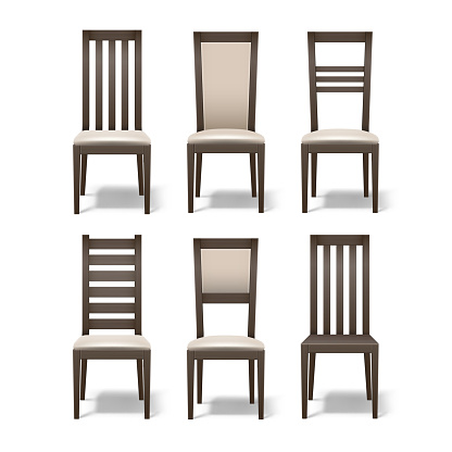 Vector set of different brown wooden room chairs with soft beige upholstery isolated on white background