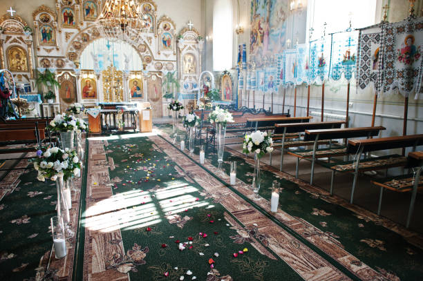istock Lovely church decorated for the wedding ceremony. 825604862