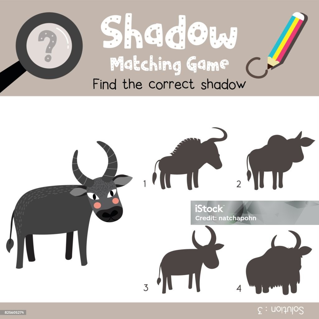 Shadow Matching Game Buffalo Animal Cartoon Character Vector Illustration  Stock Illustration - Download Image Now - iStock