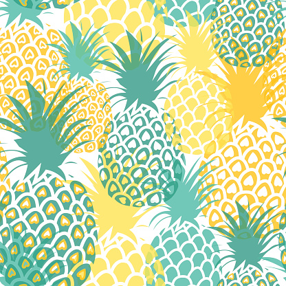 Seamless pattern with cute funny multi-colored pineapple fruit. Surface pattern design. Summer tropical all over print.