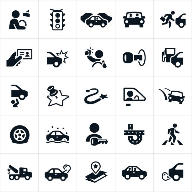 ilustraciones, imágenes clip art, dibujos animados e iconos de stock de conducción y los iconos de tráfico - driving car distracted accident