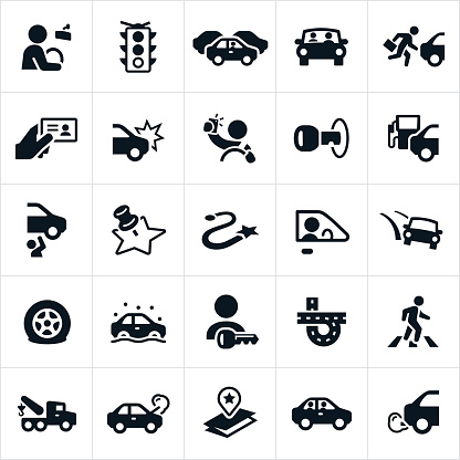 An icon set related to driving and the traffic encountered when driving. The icons include cars, vehicles, people driving, distracted driving, traffic, safety, car accident, car repair and other car ownership related icons.
