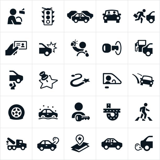 Driving and Traffic Icons An icon set related to driving and the traffic encountered when driving. The icons include cars, vehicles, people driving, distracted driving, traffic, safety, car accident, car repair and other car ownership related icons. driving stock illustrations
