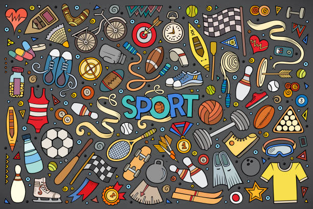 doodle cartoon-satz sport-objekte und symbole - archery target sport sport computer icon stock-grafiken, -clipart, -cartoons und -symbole