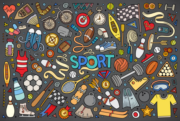 illustrations, cliparts, dessins animés et icônes de doodle dessin animé ensemble de symboles et objets de sport - archery target sport sport computer icon