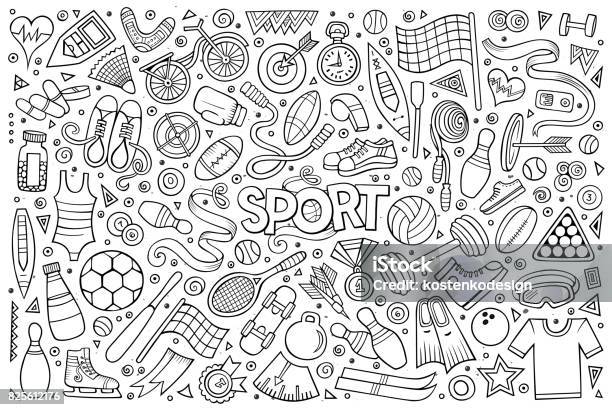 Doodle Cartoonsatz Sportobjekte Und Symbole Stock Vektor Art und mehr Bilder von Sport - Sport, Gekritzel - Zeichnung, Fitnesstraining