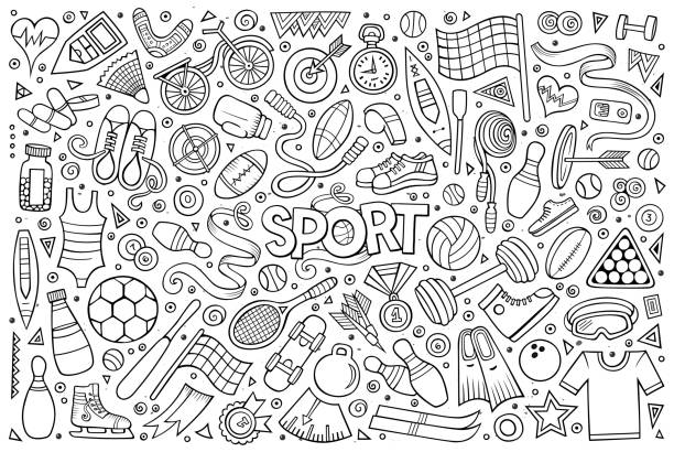 ilustraciones, imágenes clip art, dibujos animados e iconos de stock de doodle dibujos animados conjunto de símbolos y objetos de deporte - concurso de belleza