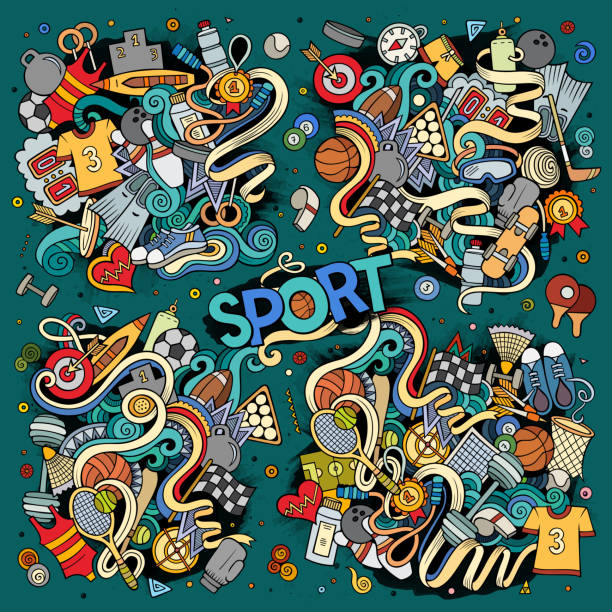 doodle cartoon-satz von sport-designs - archery target sport sport computer icon stock-grafiken, -clipart, -cartoons und -symbole