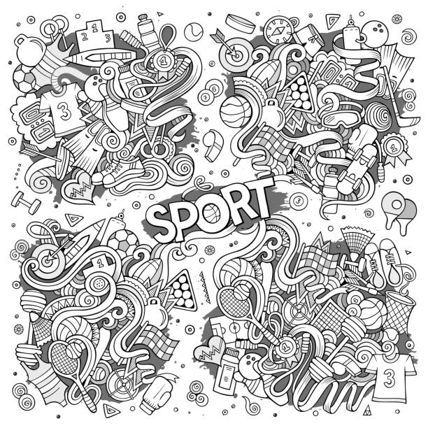 doodle cartoon-satz von sport-designs - archery target sport sport computer icon stock-grafiken, -clipart, -cartoons und -symbole