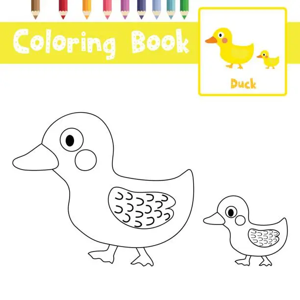 Vector illustration of Coloring page mother and little Duck animal cartoon character vector illustration