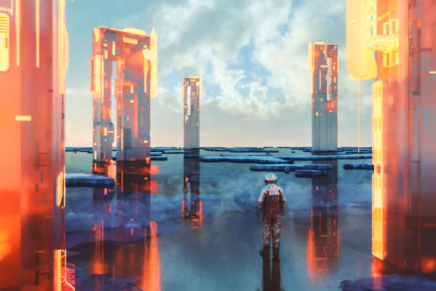 istock Astronaut on alien planet, mysterious buildings 825617340
